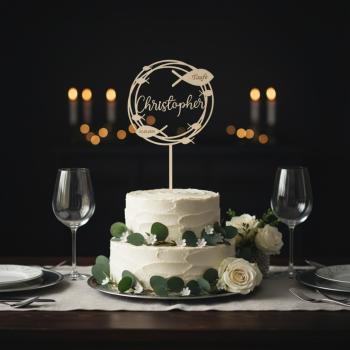 Runder Caketopper aus Birkenholz mit personalisiertem Namen, Anlass und Datum